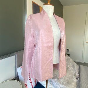 - Eileen Fisher Linen Blend Soft Open Blazer in Pink Silk Lining Party US SMALL